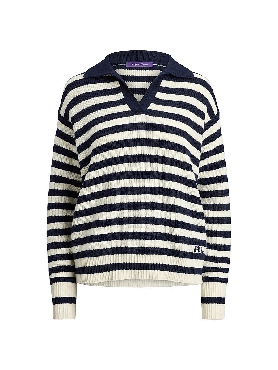 Women's Rib-Knit Striped Cashmere Sweater - Icon Navy Cream - Size XS
