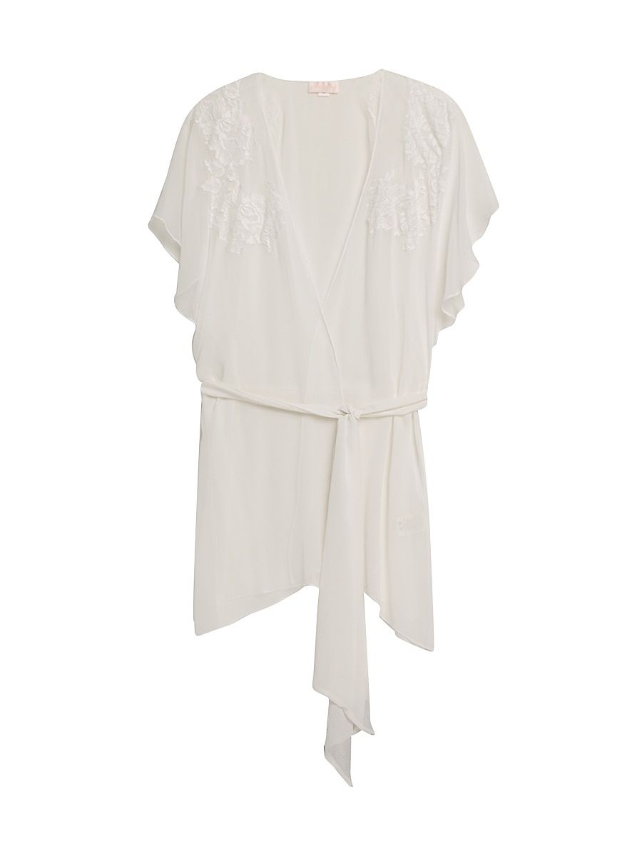 Women's Floral Appliqué Silk Chiffon Robe - White