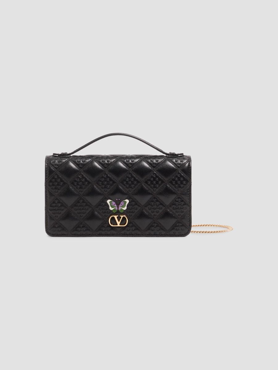 Valentino Women's Flutterby Chain Wallet in Shiny Nappa Leather with Butterfly Embroidery - Black