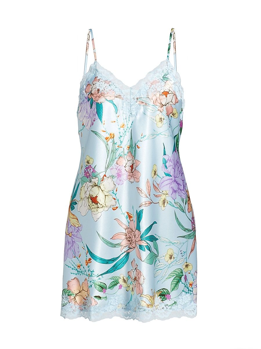 Women's Josie Floral Stretch Satin Chemise - Sky Blue - Size XL