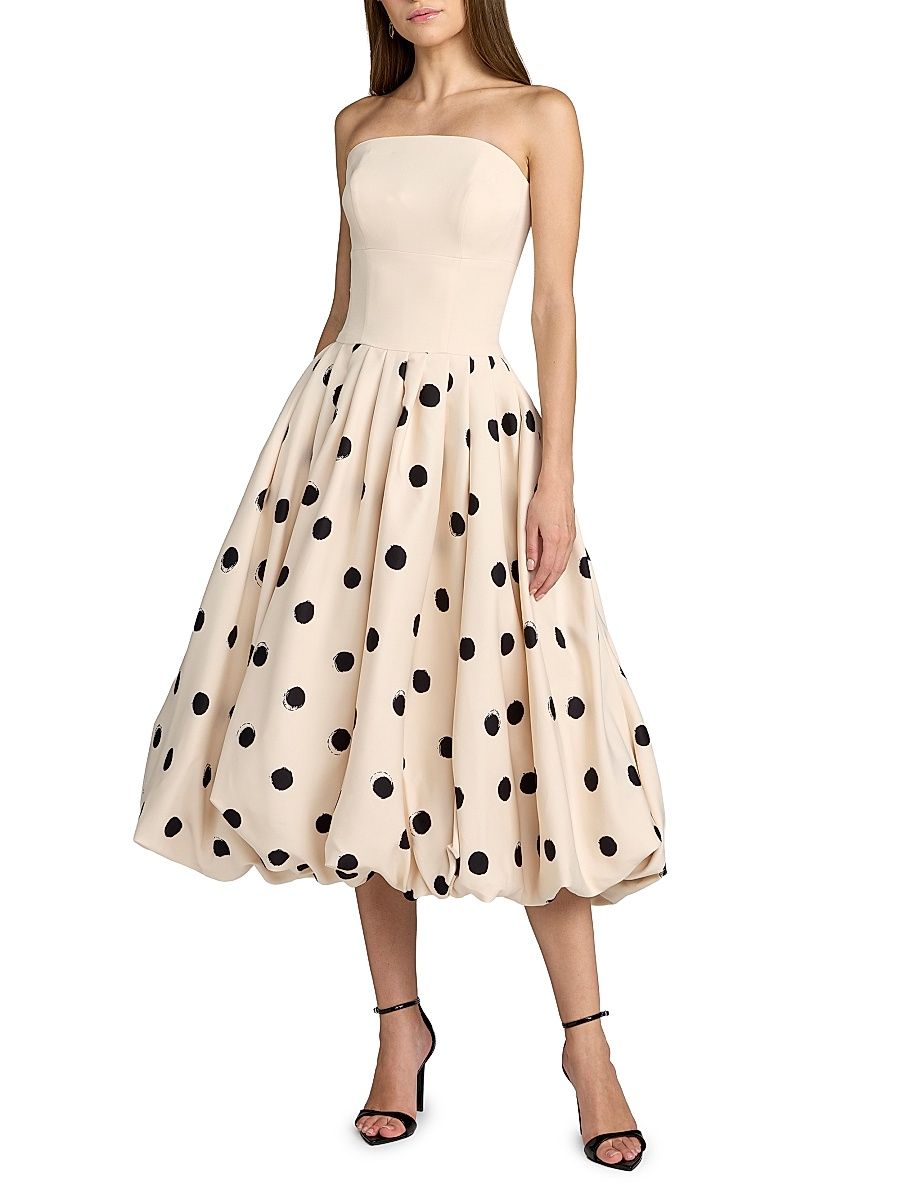 Women's Polka Dot Crepe Strapless Midi-Dress - Ecru Multi - Size 14