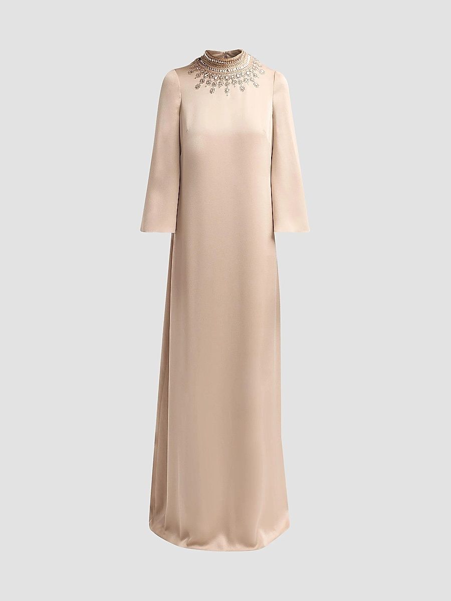 Women's Embellished Collar Satin Gown - Gold - Size 2