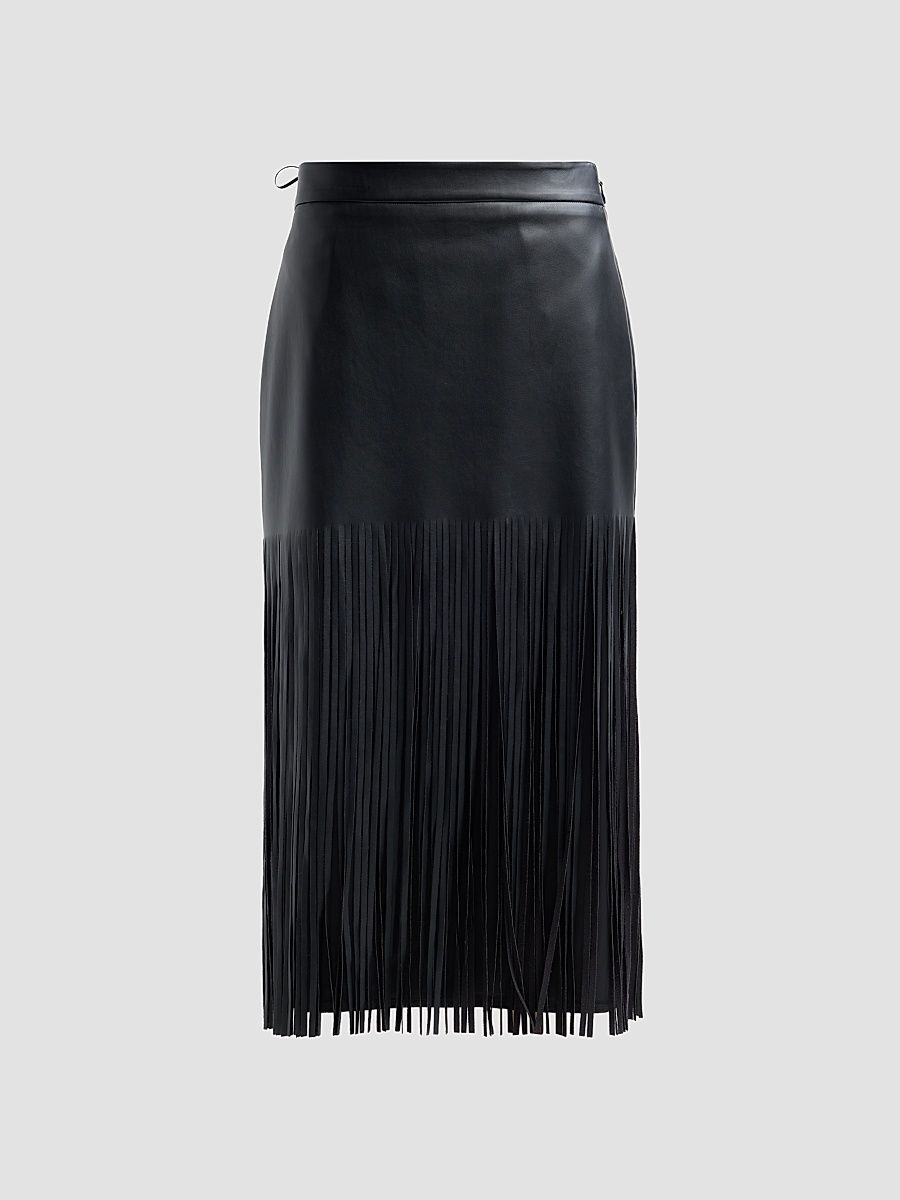 Women's Kaia Faux-Leather Fringed Midi-Skirt - Noir - Size 16