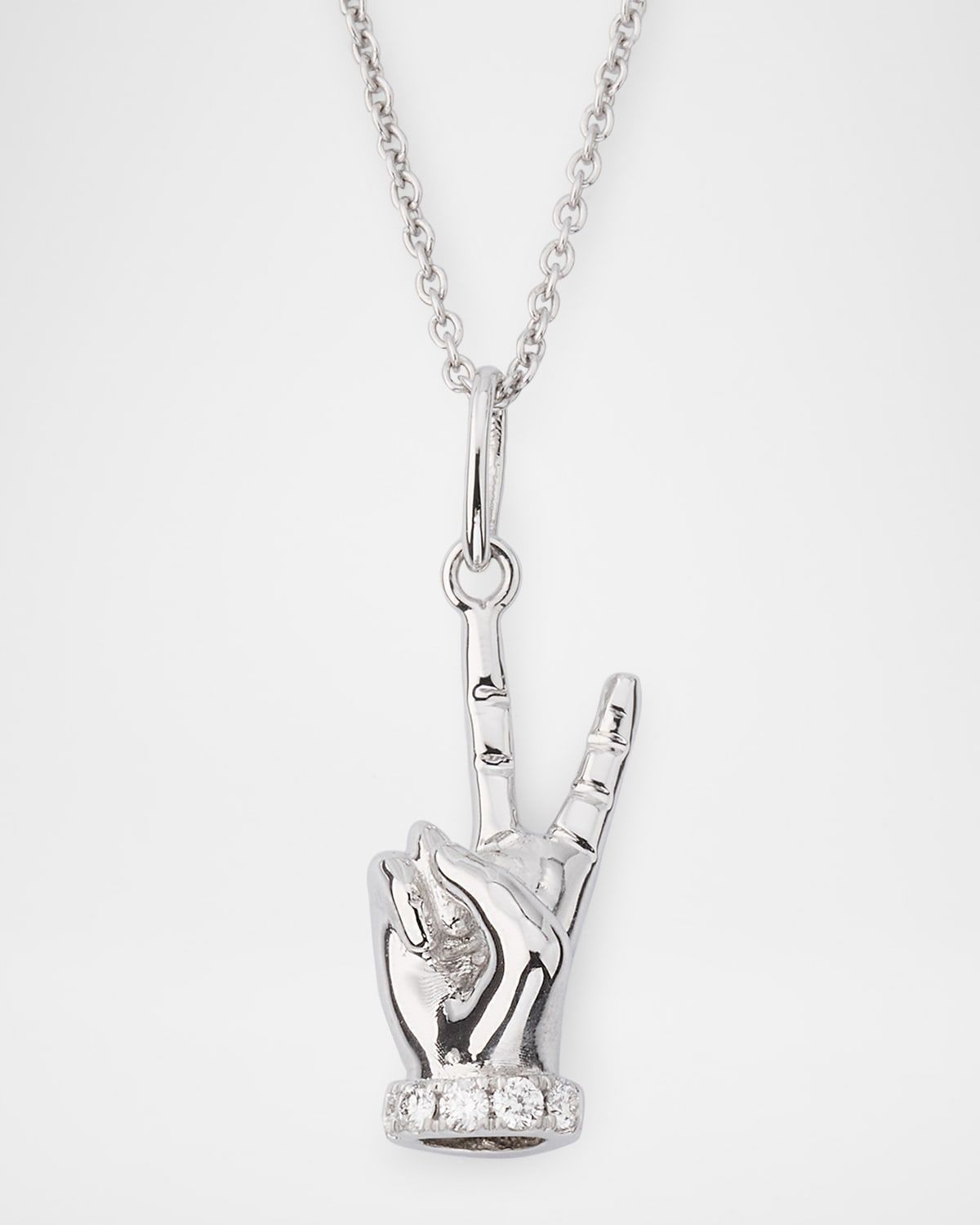 18K White Gold Diamond Peace Sign Hands Pendant Necklace