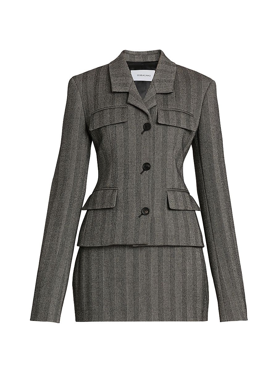 Women's Striped Wool Single-Breasted Blazer - Nero White Sand Nero - Size 12