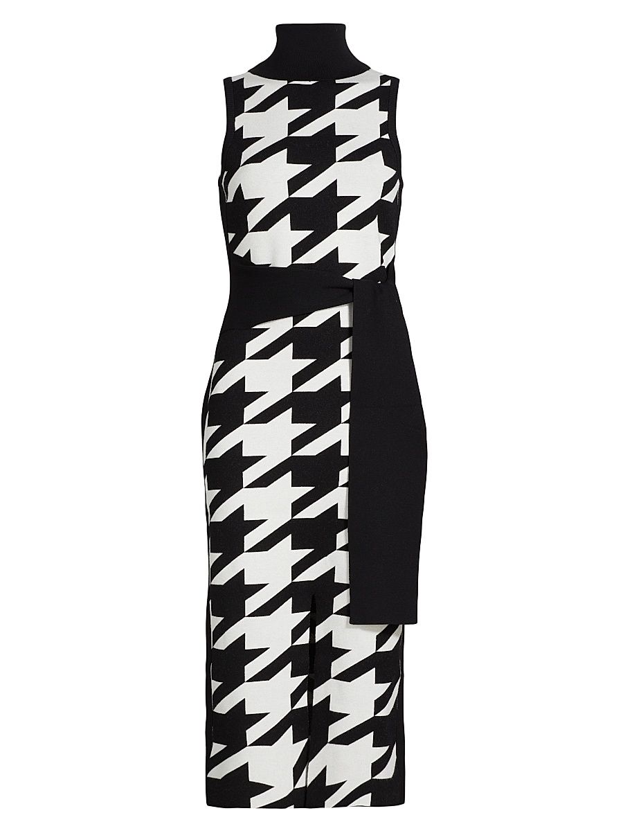 Women's Peggy Houndstooth Turtleneck Tie-Waist Midi-Dress - Jet Optic Large Houndstooth - Size Small