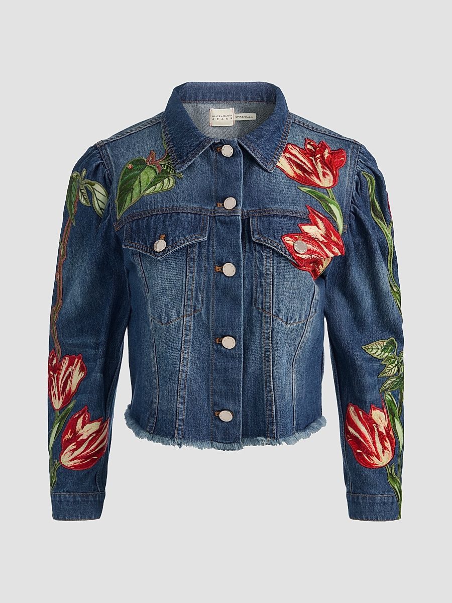 Women's Elijah Embroidered Appliqué Crop Denim Jacket - Freyja Blue Soft Tulip - Size XL