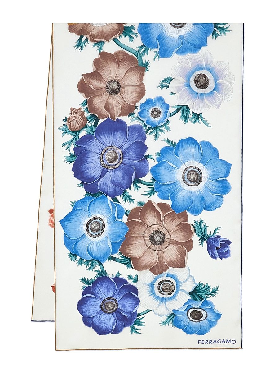 Women's Anemoni Floral Silk Scarf - Ivory Blue