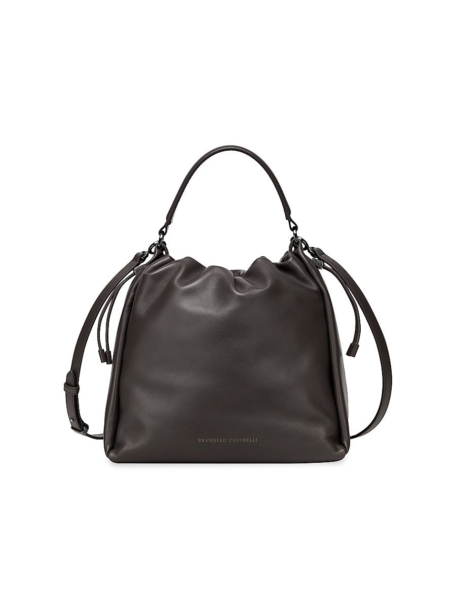 Women's Mellow Bucket Bag in Soft Leather with Monili - Brown
