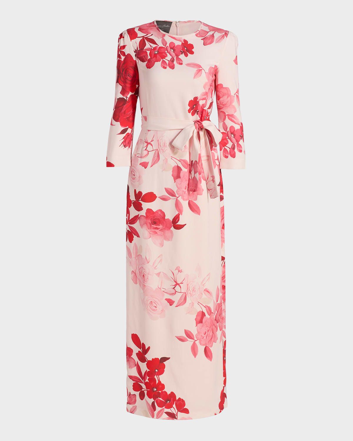 Rose-Print Crepe Belted Bracelet-Sleeve Maxi Dress