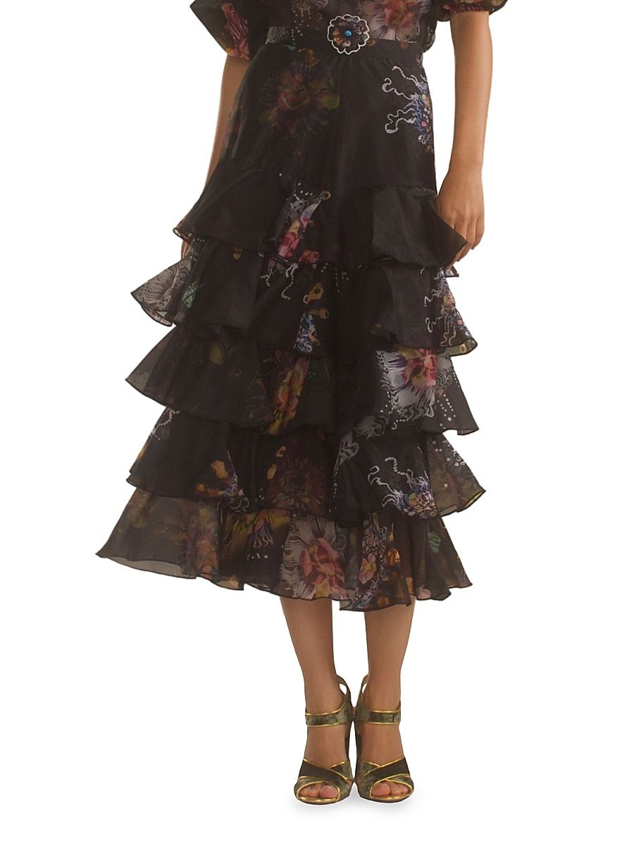 Women's Silk Organza Ruffle Midi-Skirt - Black Floral - Size 8