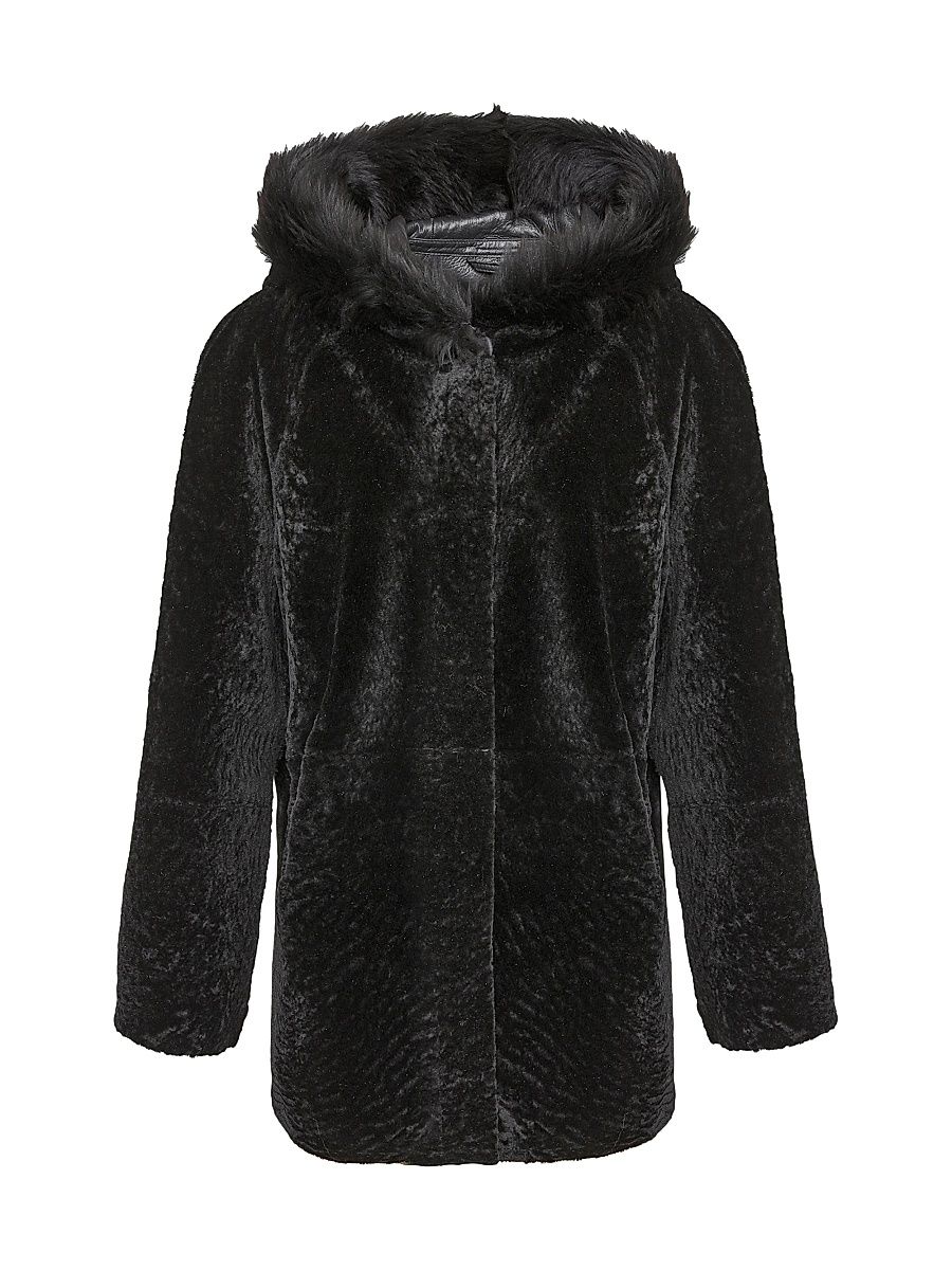 Women's Reversible Textured Shearling Lamb Parka with Merinillo Shearling Lamb Hood Trim - Black - Size Medium