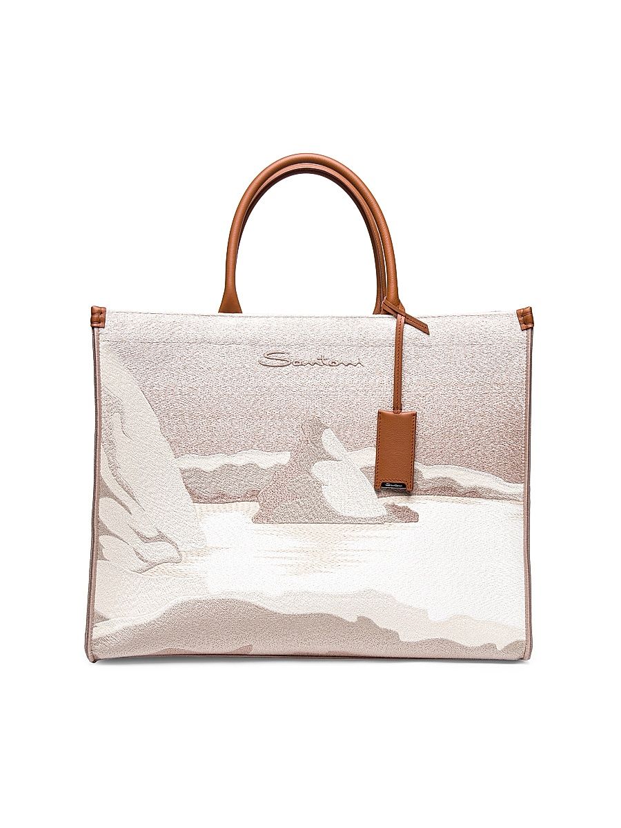 Women's Embroidered Shopper Tote Bag - Beige