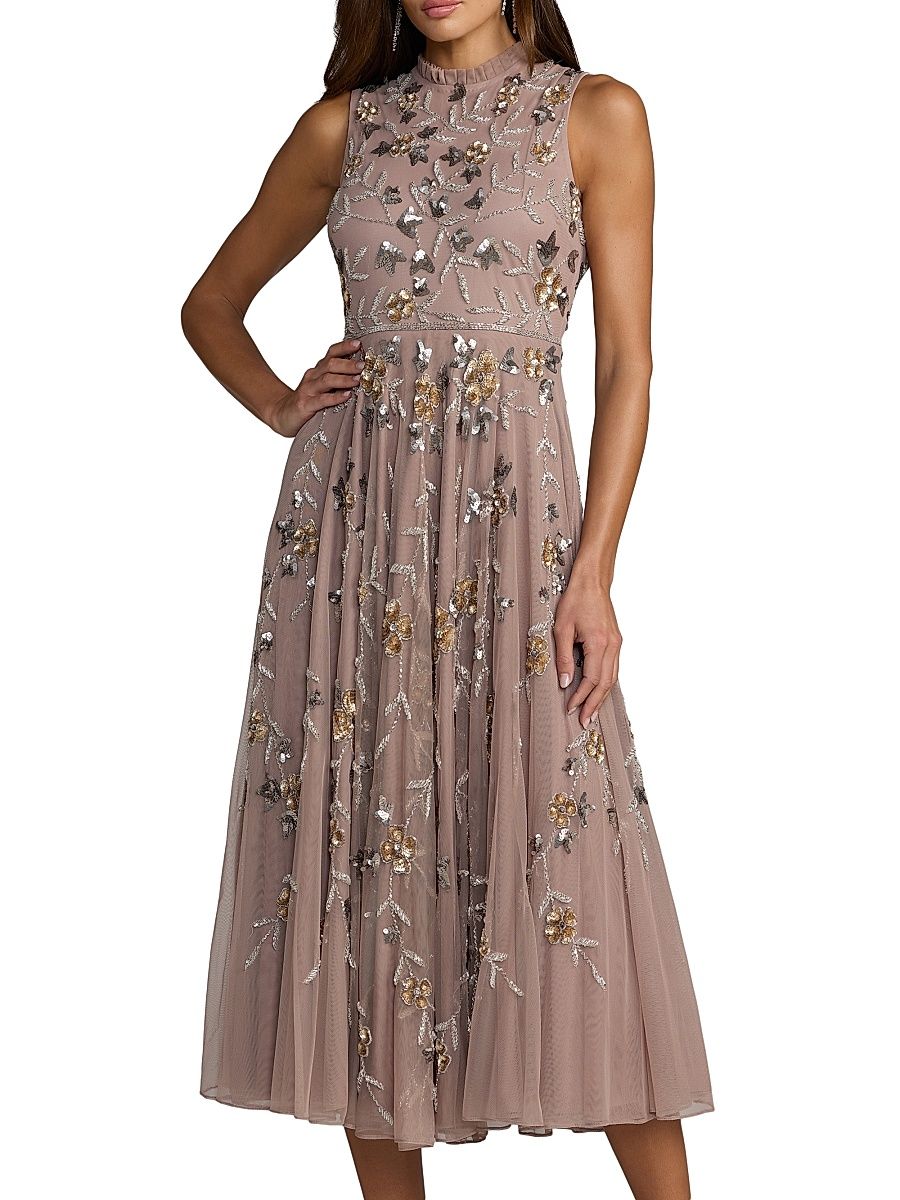 Women's Floral Embellished Chiffon Cocktail Dress - Taupe - Size 16