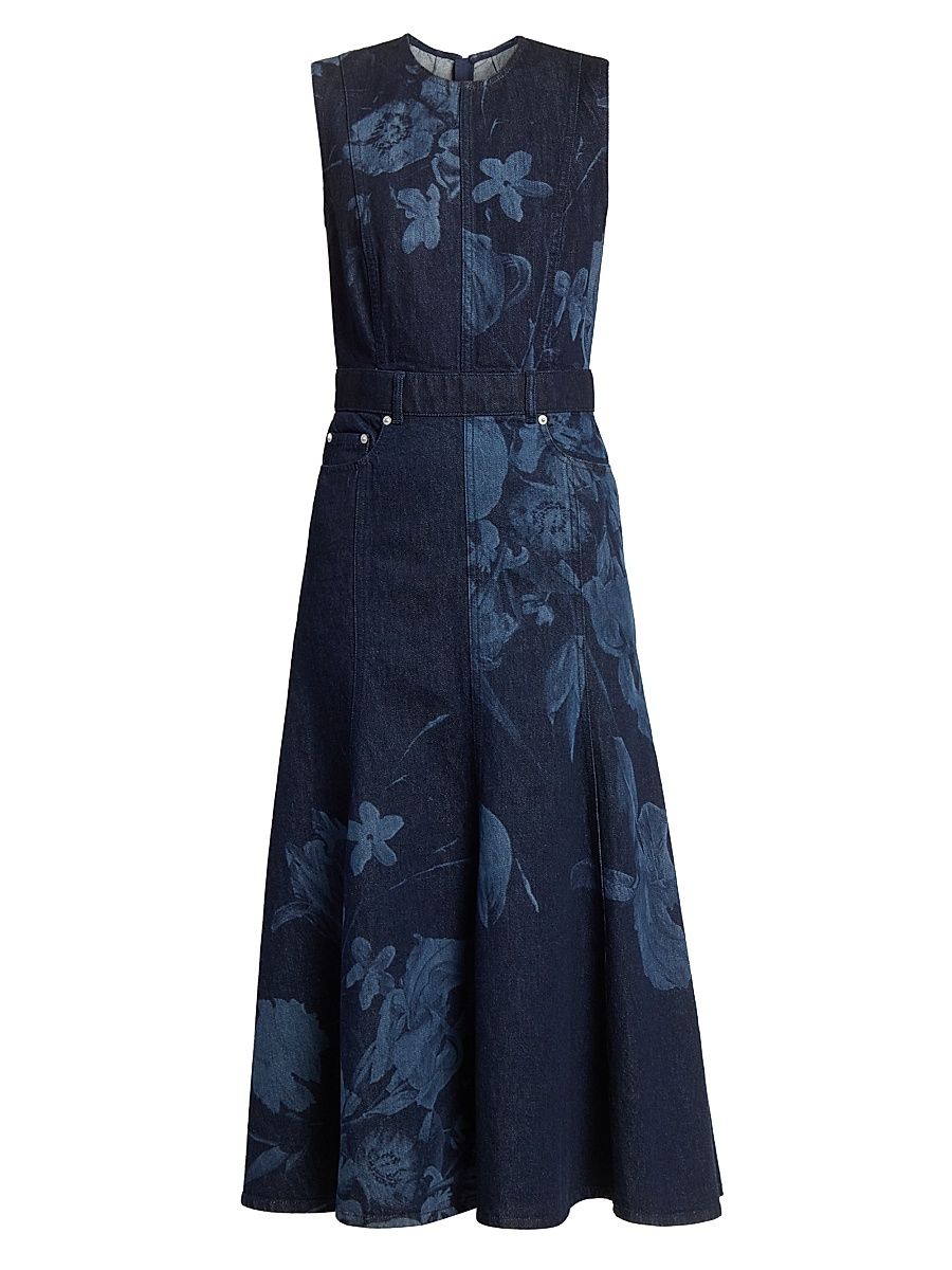 Women's Denim Floral Fluted Midi-Dress - Dutch Flower Painting Indigo - Size 10