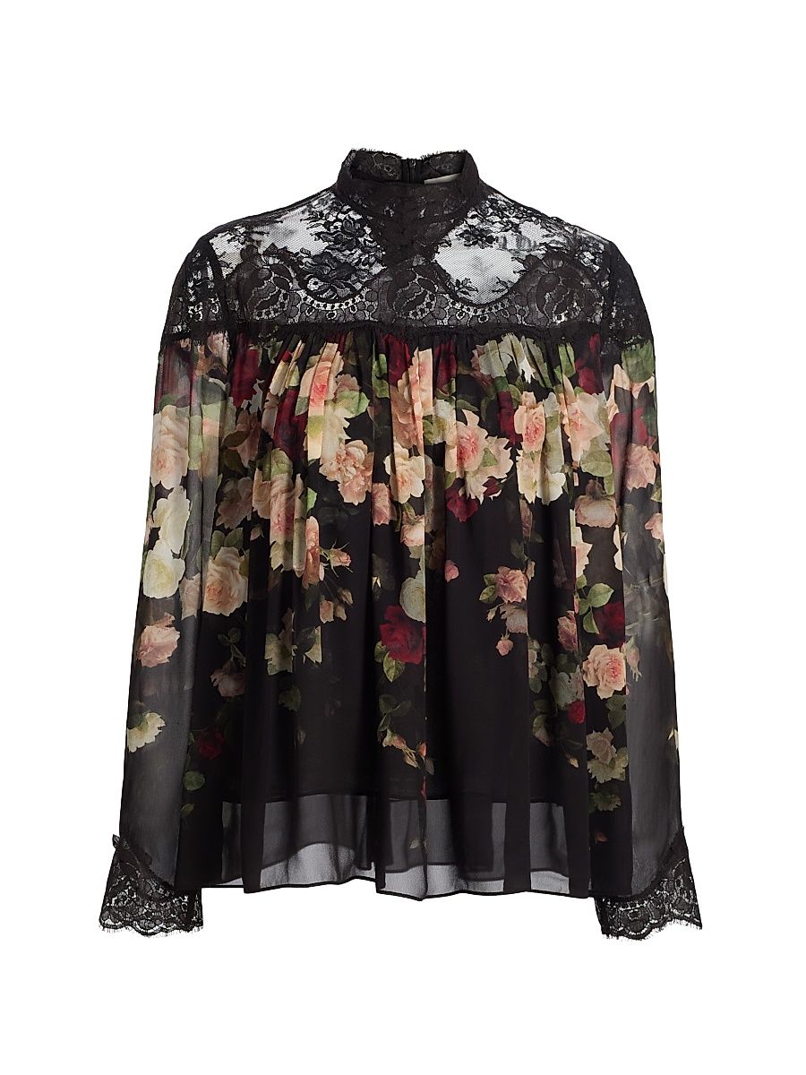 Women's Hypnotic Floral & Lace Blouse - Black Cascade - Size 8