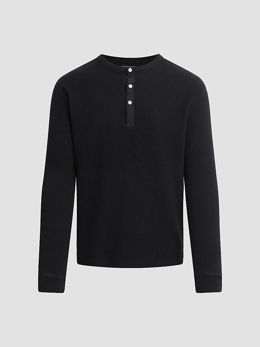Men's Waffle-Knit Cotton Henley - Black - Size XXL