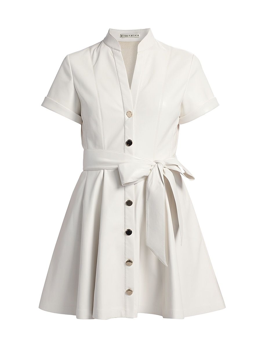 Women's Lucy Faux Leather Tie-Waist A-Line Minidress - Off White - Size 14