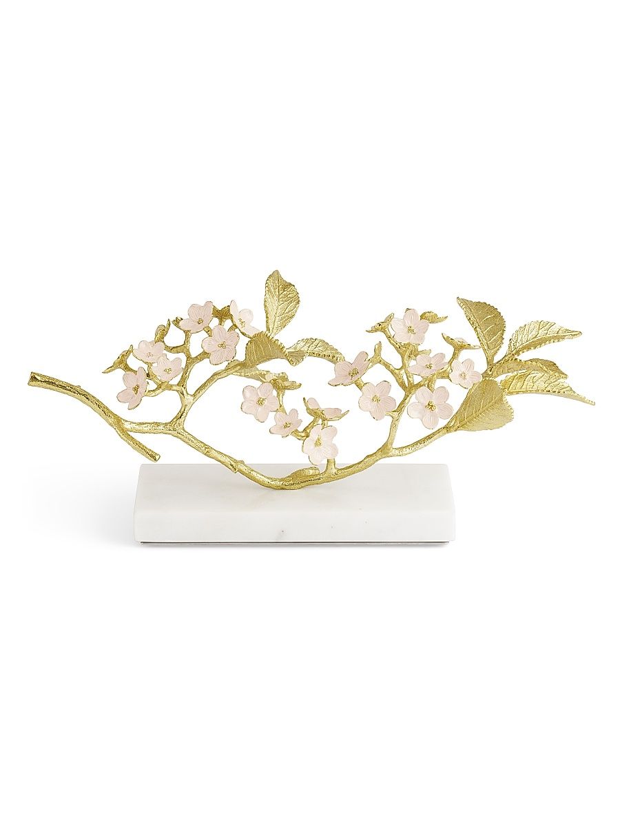 Cherry Blossom Brass, Enamel & Marble Decorative Object