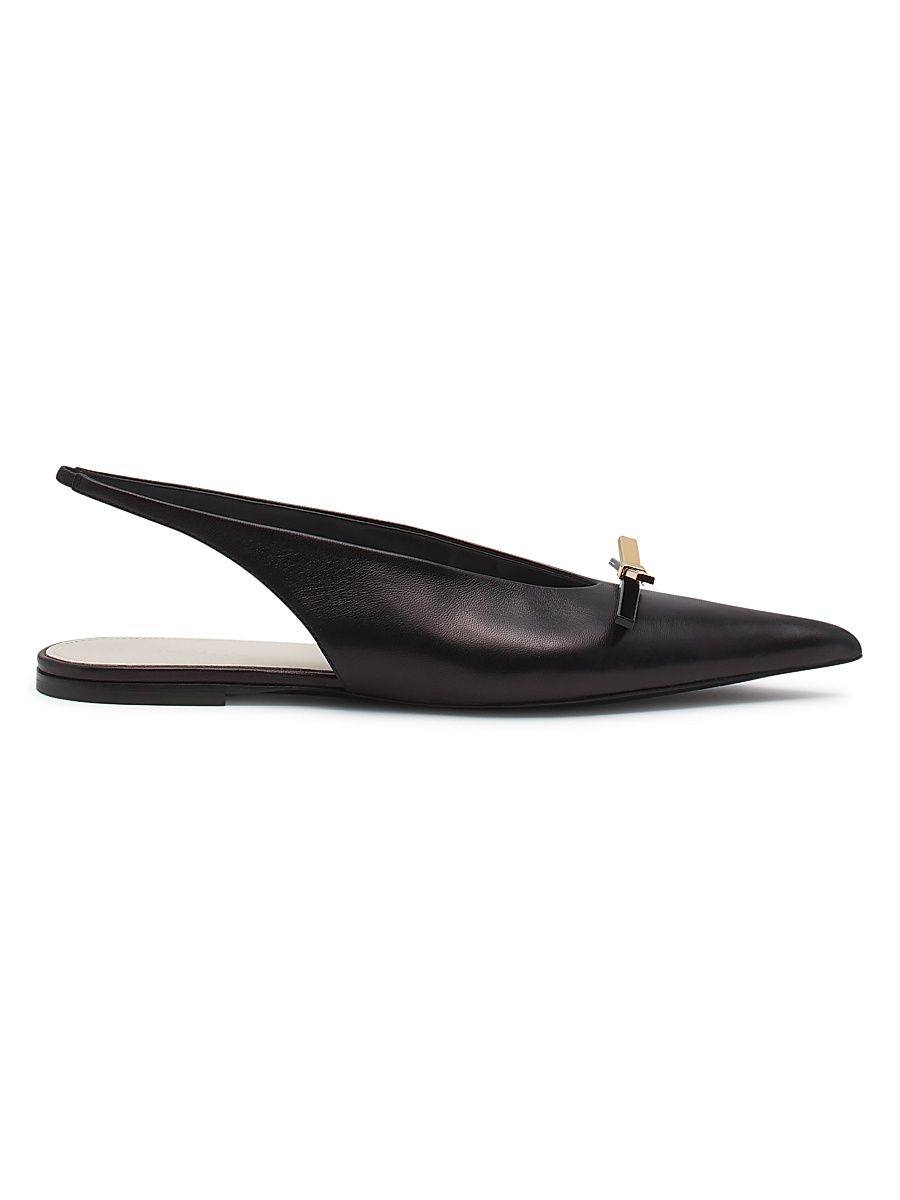 Women's Bow Leather Slingback Flats - Black - Size 8