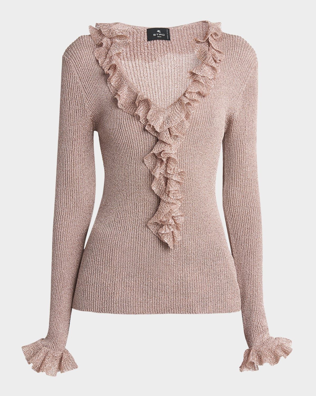 Metallic Rib Ruffle V-Neck Sweater