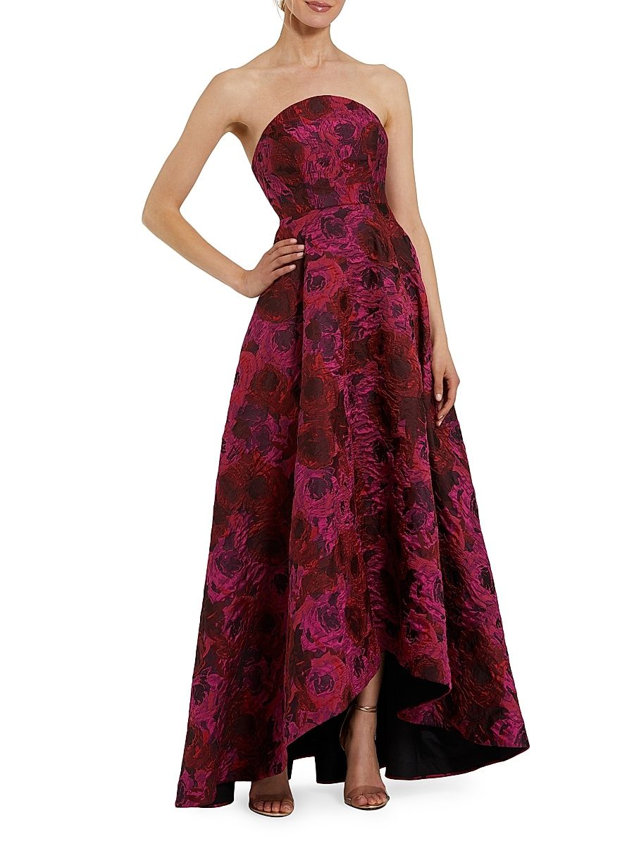 Women's Floral Brocade Strapless High-Low A-Line Gown - Magenta Multi - Size 14