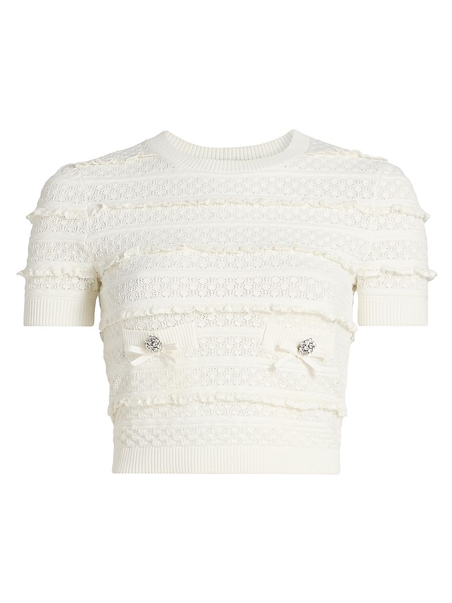 Women's Pointelle-Knit Ruffled Top - White - Size XS