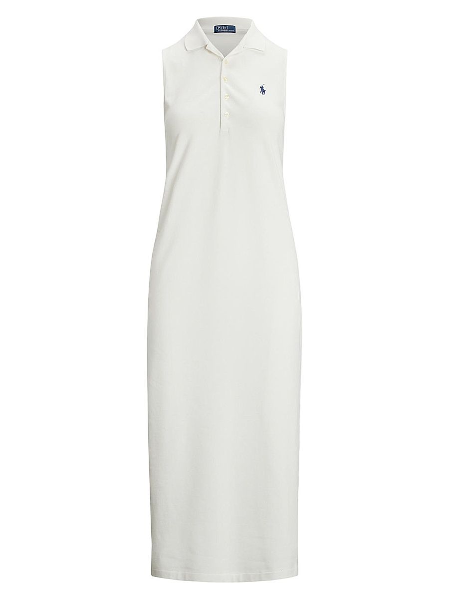 Women's Stretch-Cotton Mesh Midi-Polo Dress - White - Size XS