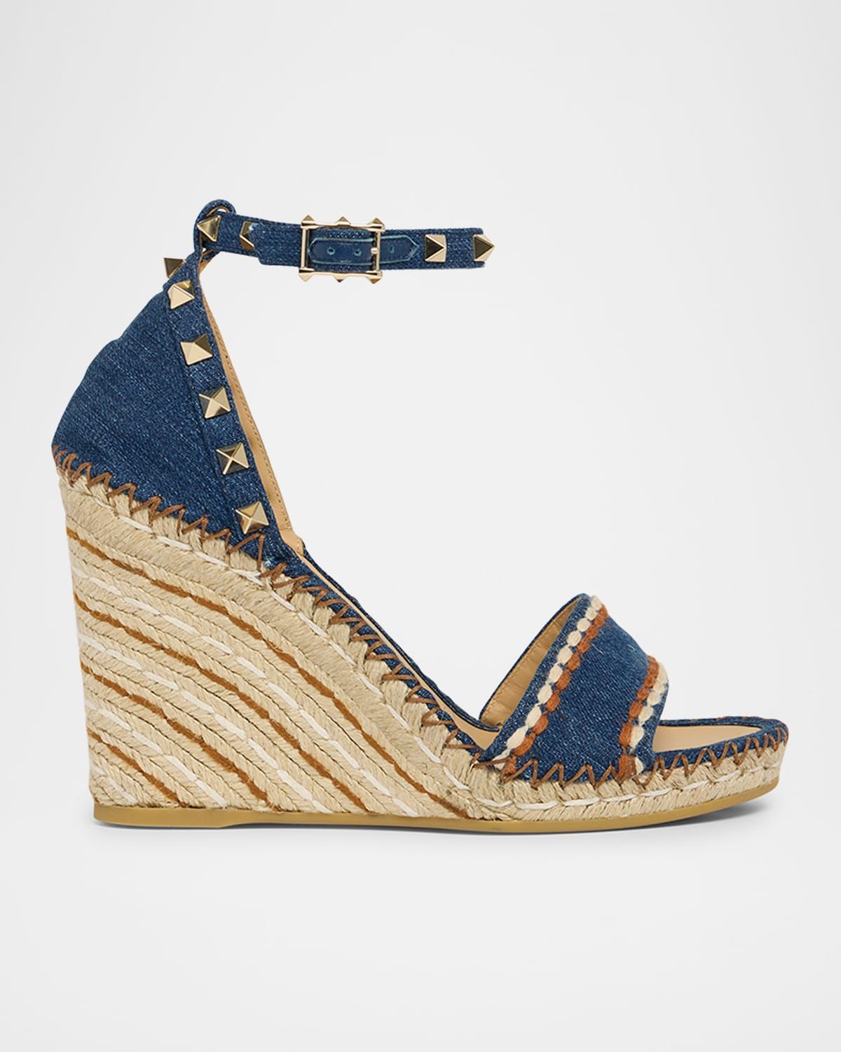 Rockstud Denim Wedge Espadrille Sandals