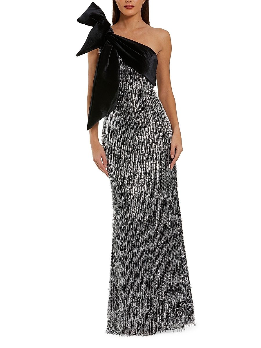 Women's Sequin & Bead-Embellished One-Shoulder Gown - Black Silver - Size 14