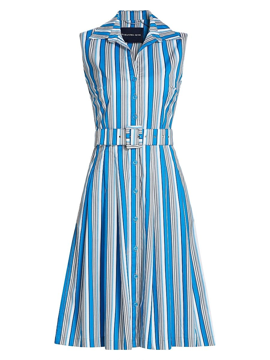 Women's Audrey Terry Stripe Stretch Cotton Shirtdress - Terry Stripe White Sea Blue - Size 4