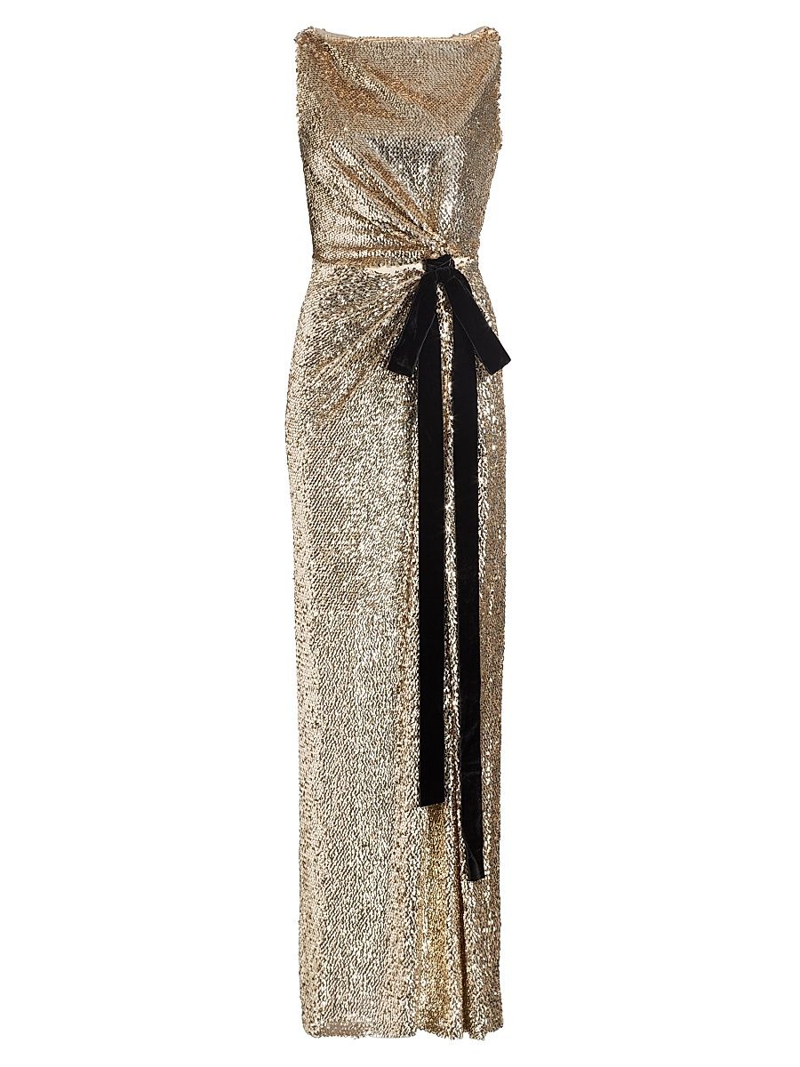 Women's Felicity Velvet Bow Sequined Gown - Gold Multi - Size 0