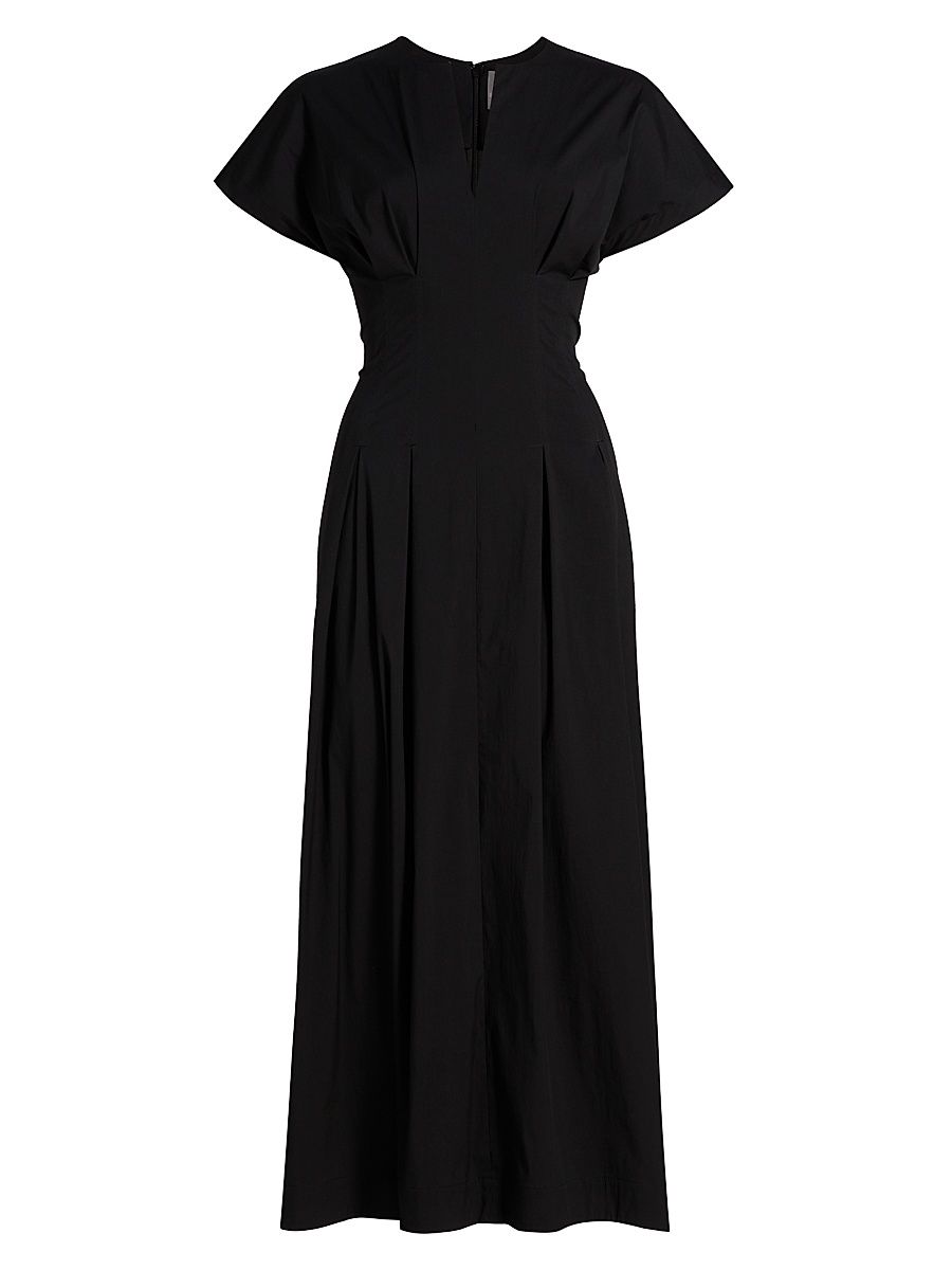 Women's Smocked Back Cotton Poplin Midi-Dress - Black - Size Large