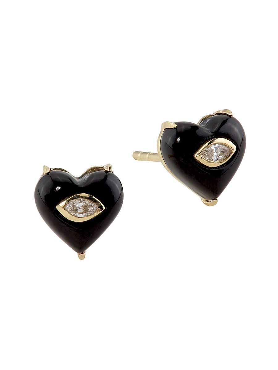 Women's 14K Yellow Gold, Onyx & 0.07 TCW Diamond Heart Stud Earrings - Black