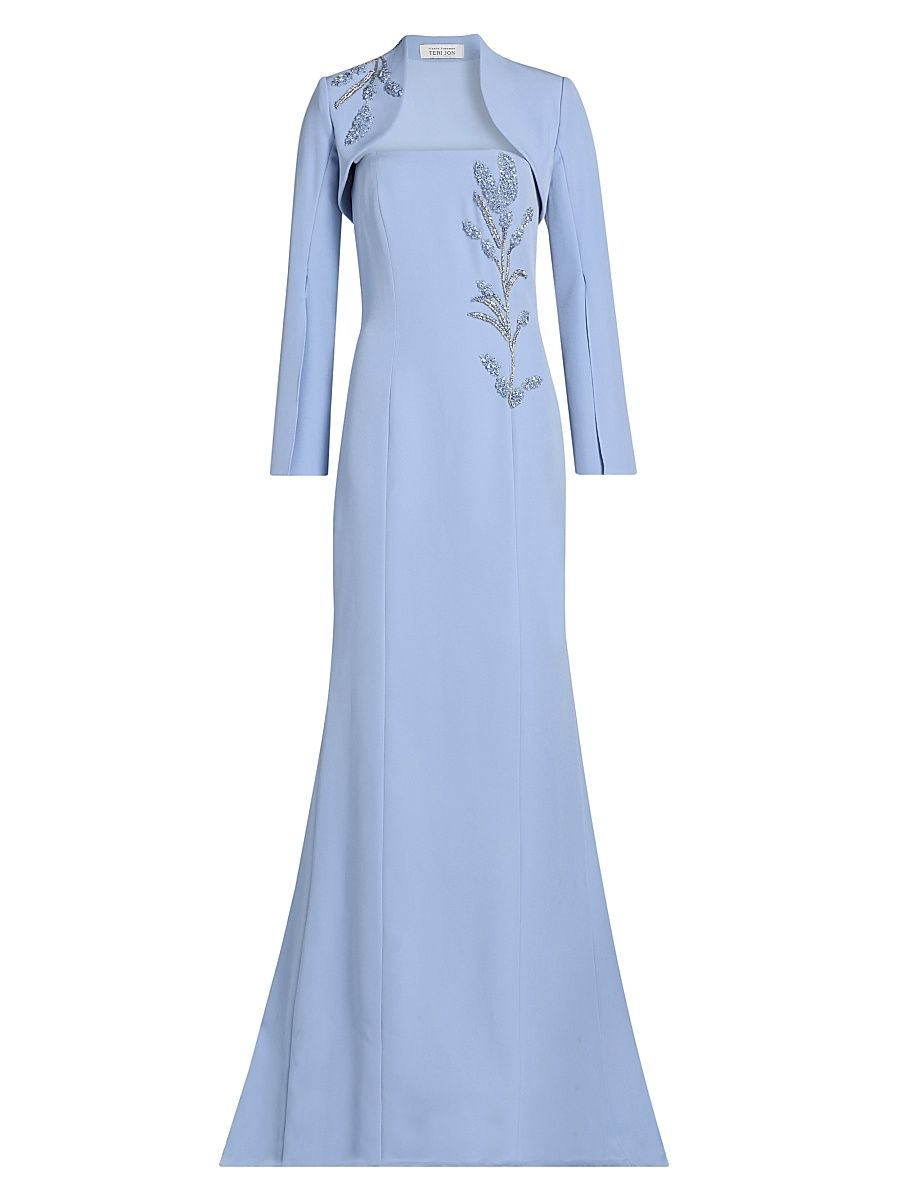 Women's Crepe Beaded-Trim Bolero & Strapless Gown - Powder Blue - Size 18