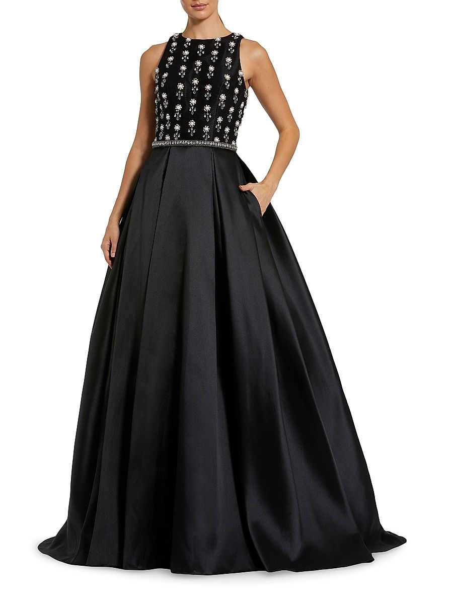 Women's Floral Beaded Satin Ballgown - Black - Size 14