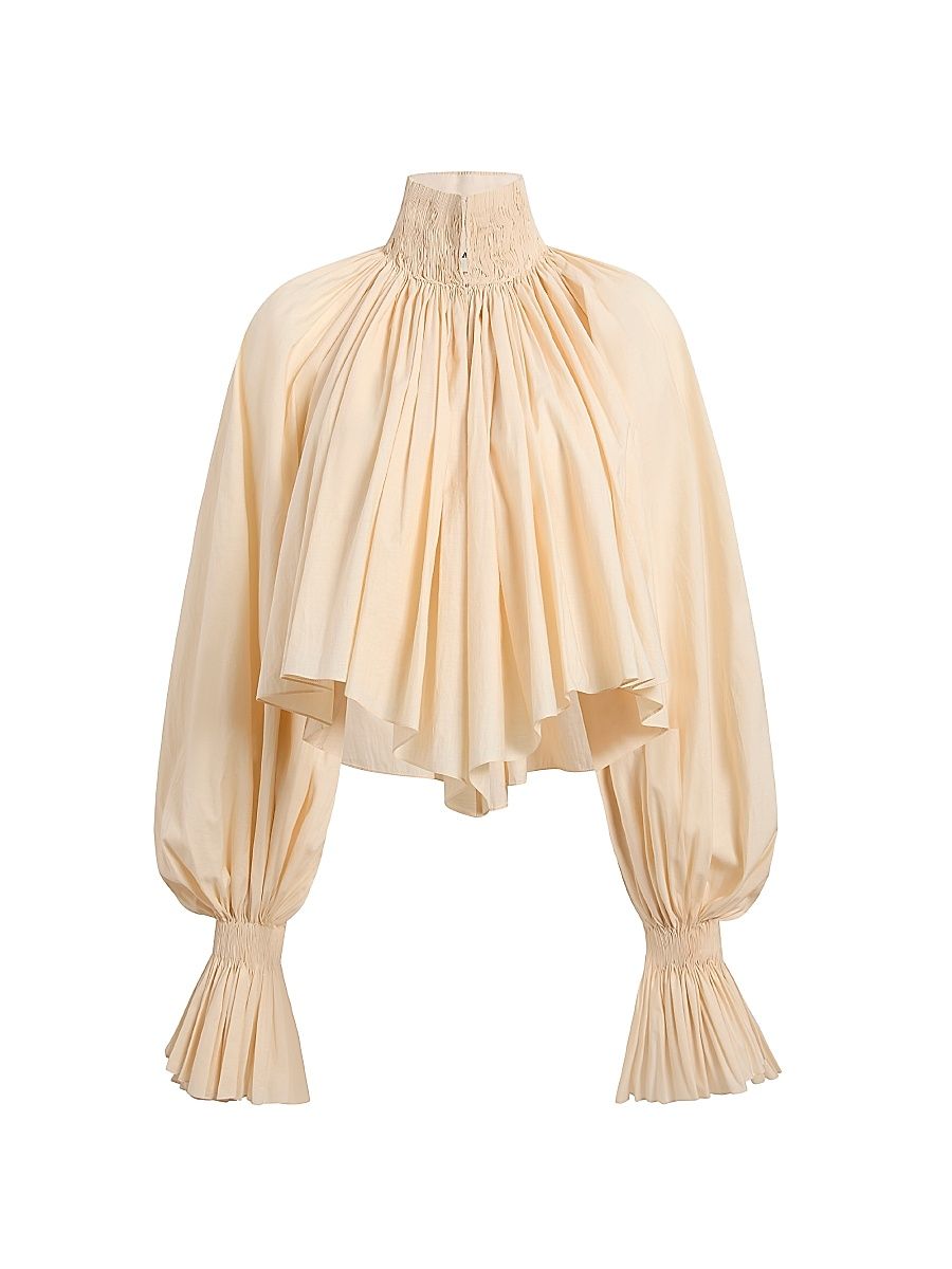 Women's Durer Pleated Split-Neck Cotton-Blend Top - Bone - Size XL