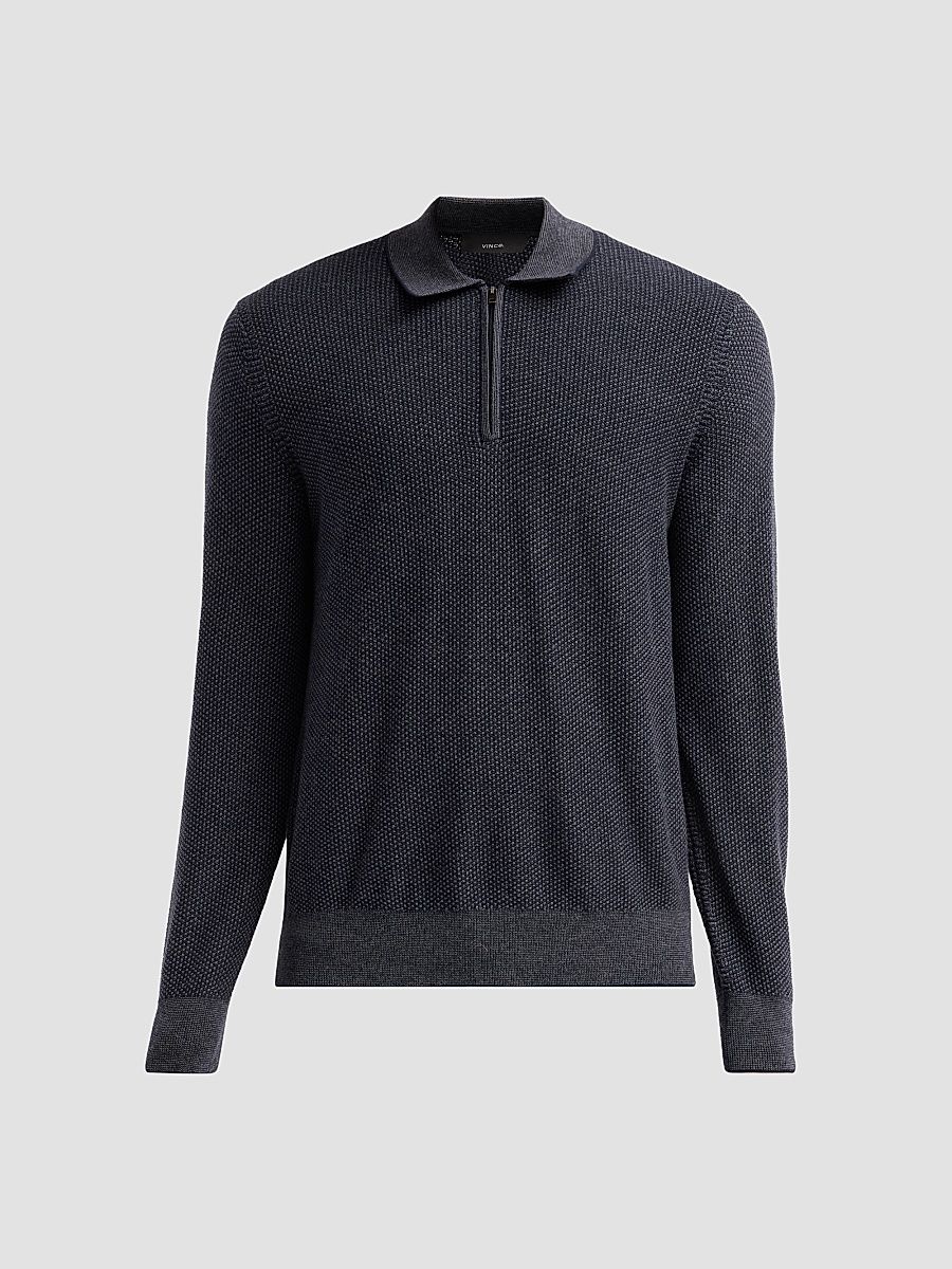 Men's Geometric Jacquard Wool Quarter-Zip Polo Shirt - Coastal Medh Grey - Size XXL