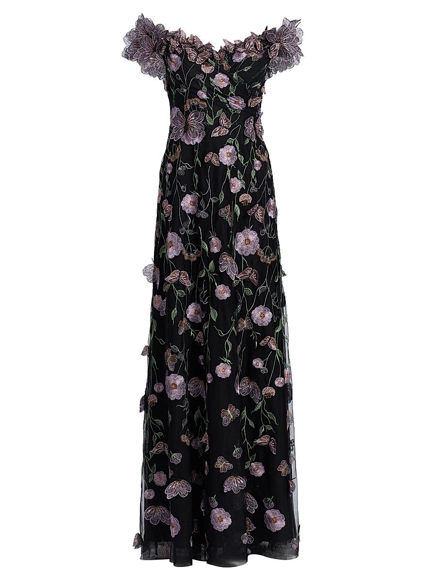 Women's Floral Appliqué Off-the-Shoulder Gown - Black Multi - Size 10