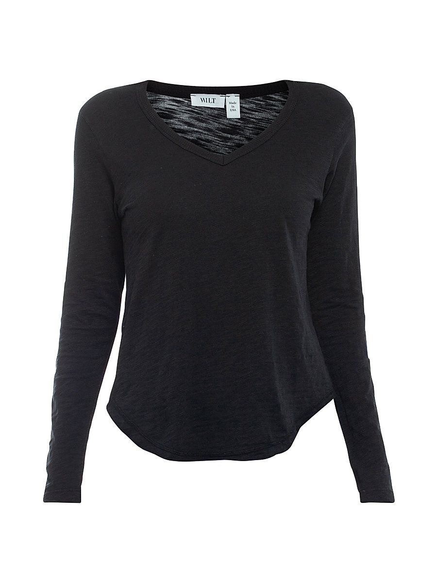 Women's Long Sleeve V-Neck Raw Hem Shirttail - Black - Size XL