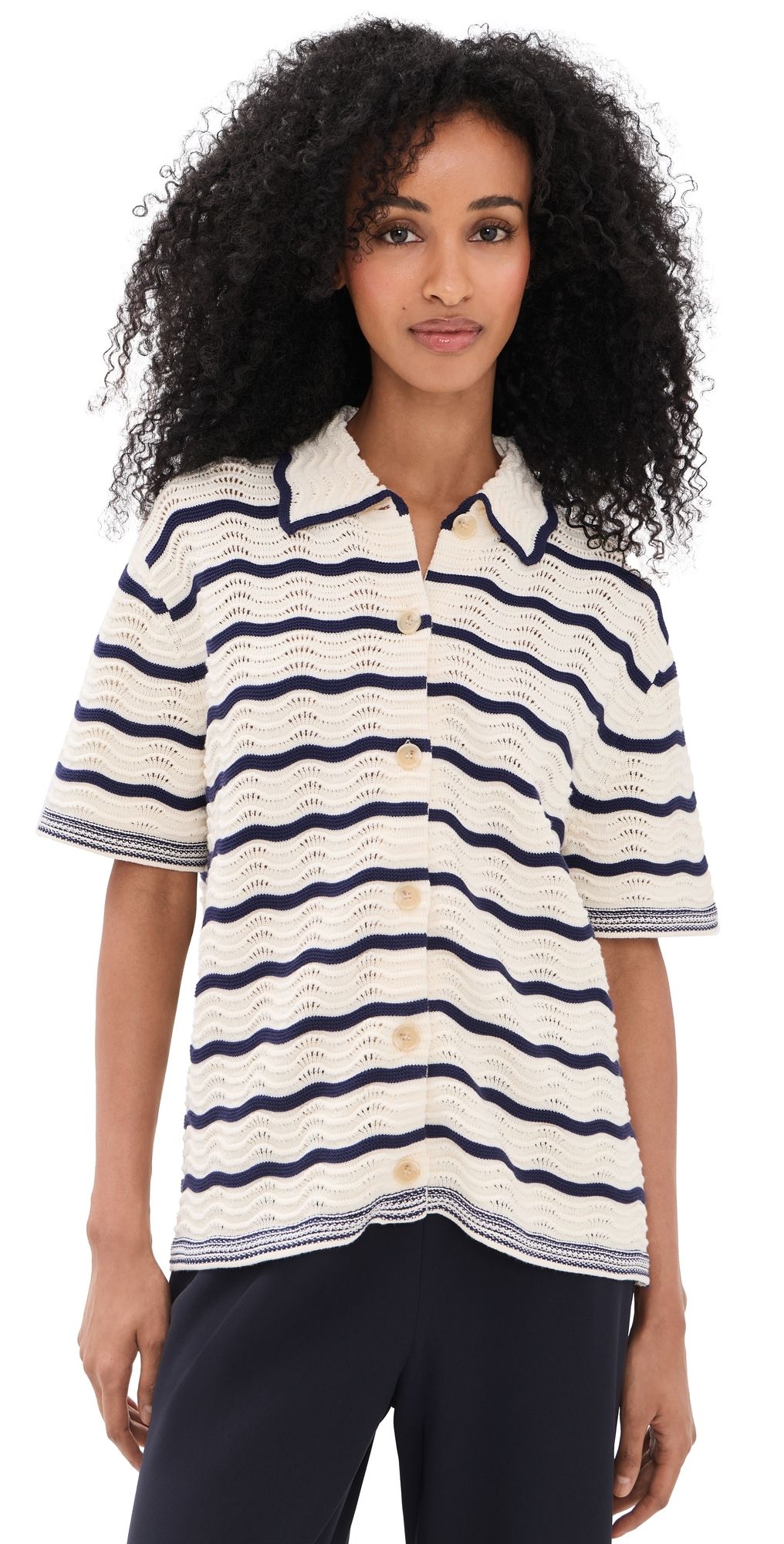La Ligne Oversized Short Sleeve Shirt Cream/Navy XL