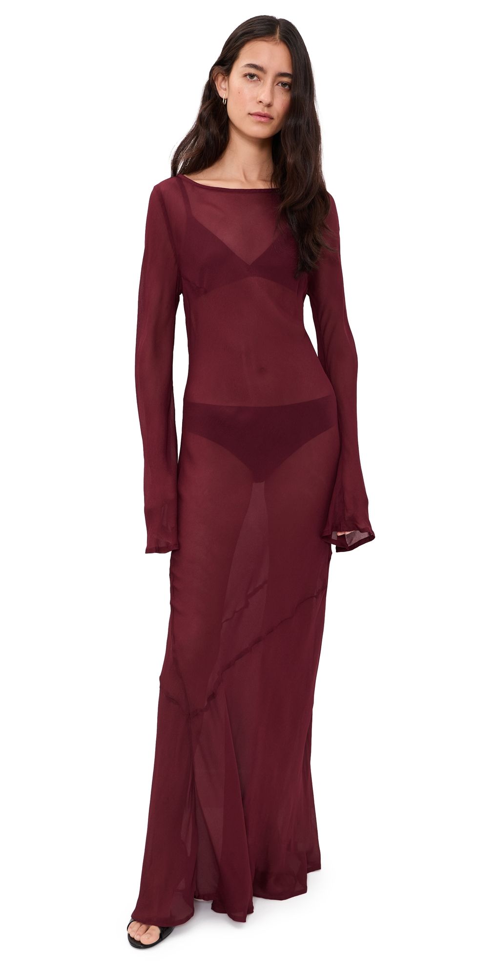 VRG GRL Luka Sheer Bias Maxi Dress Wine S
