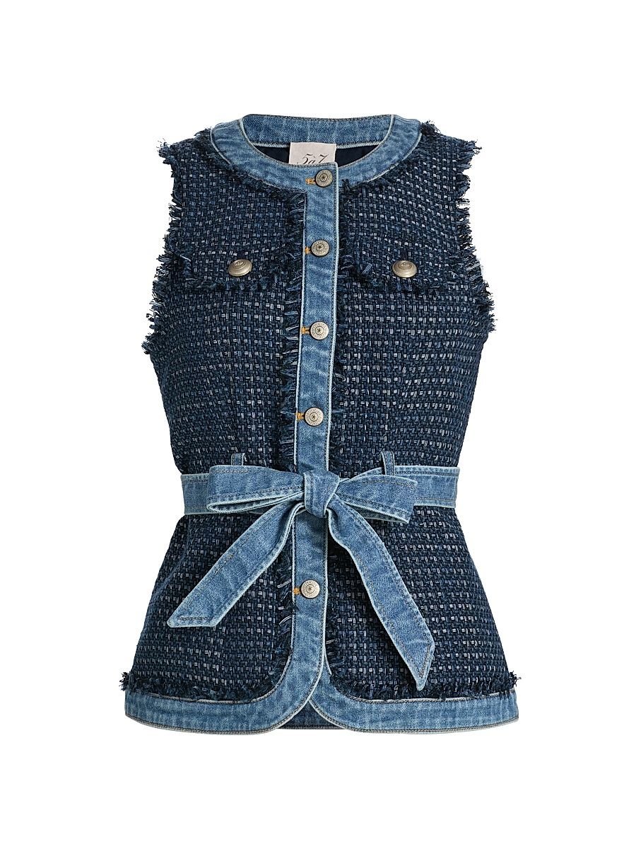 Women's Joans Tweed & Denim Belted Vest - Blue Haze Indigo Multi - Size XL