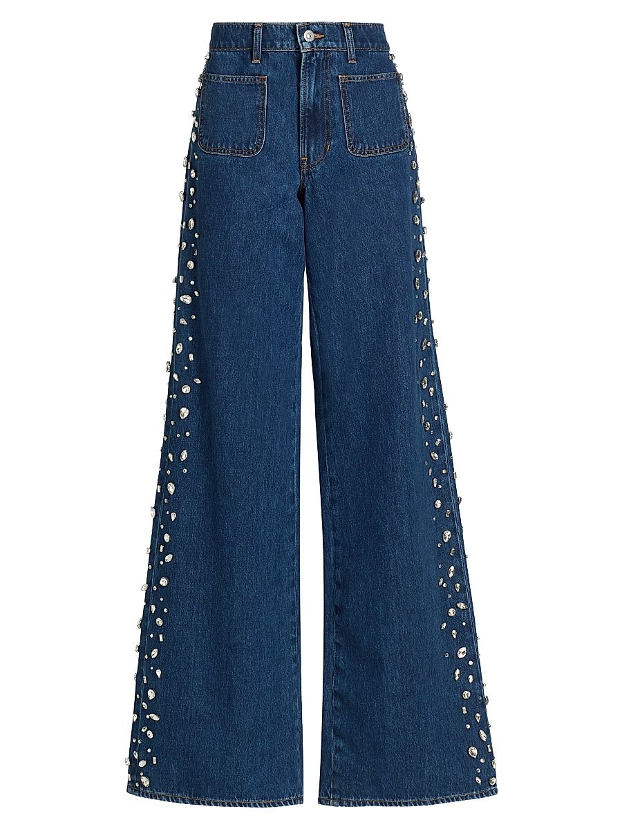 Women's Kasey Embellished Denim Mid-Rise Wide-Leg Jeans - Stoned Bright Blue - Size 30