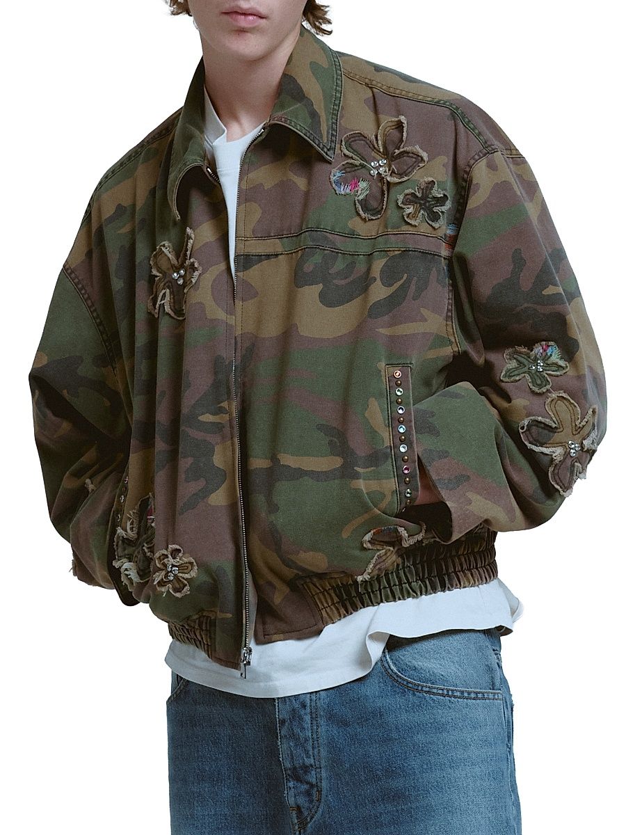 Men's Floral Patch Crystal Camo Bomber Jacket - Camo - Size XXL
