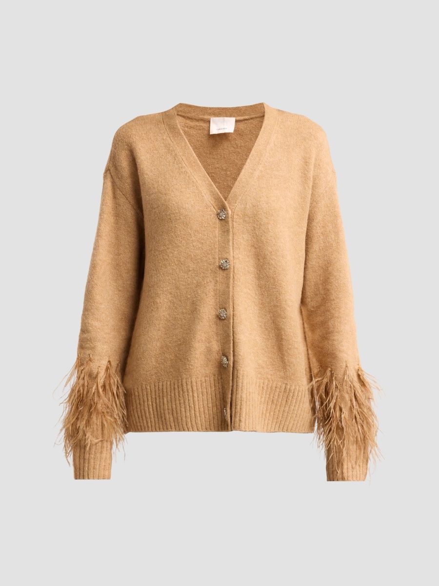 Women's Briana Feather-Trim Knit Cardigan - Tawny Beige - Size XL