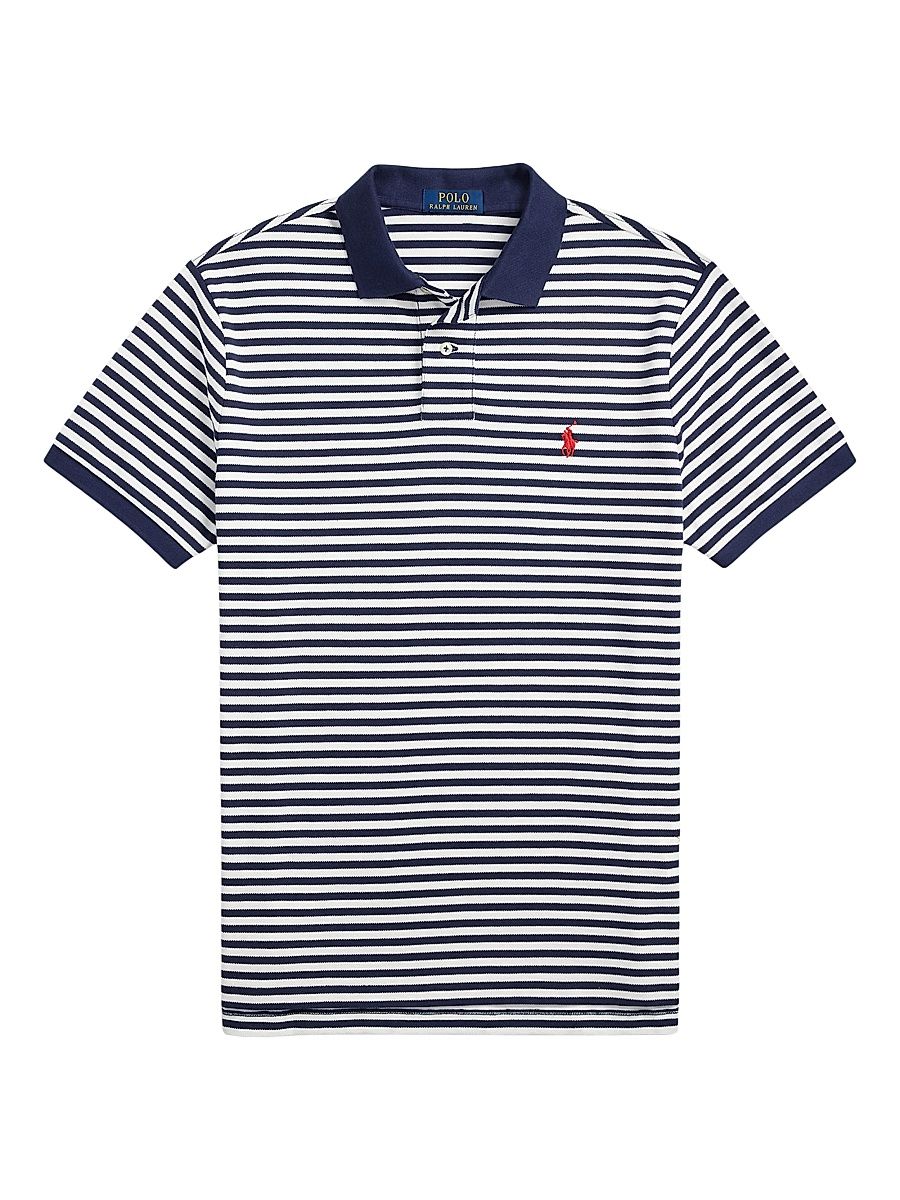 Men's Custom-Slim-Fit Striped Mesh Polo Shirt - Deckwash White Navy - Size XXL