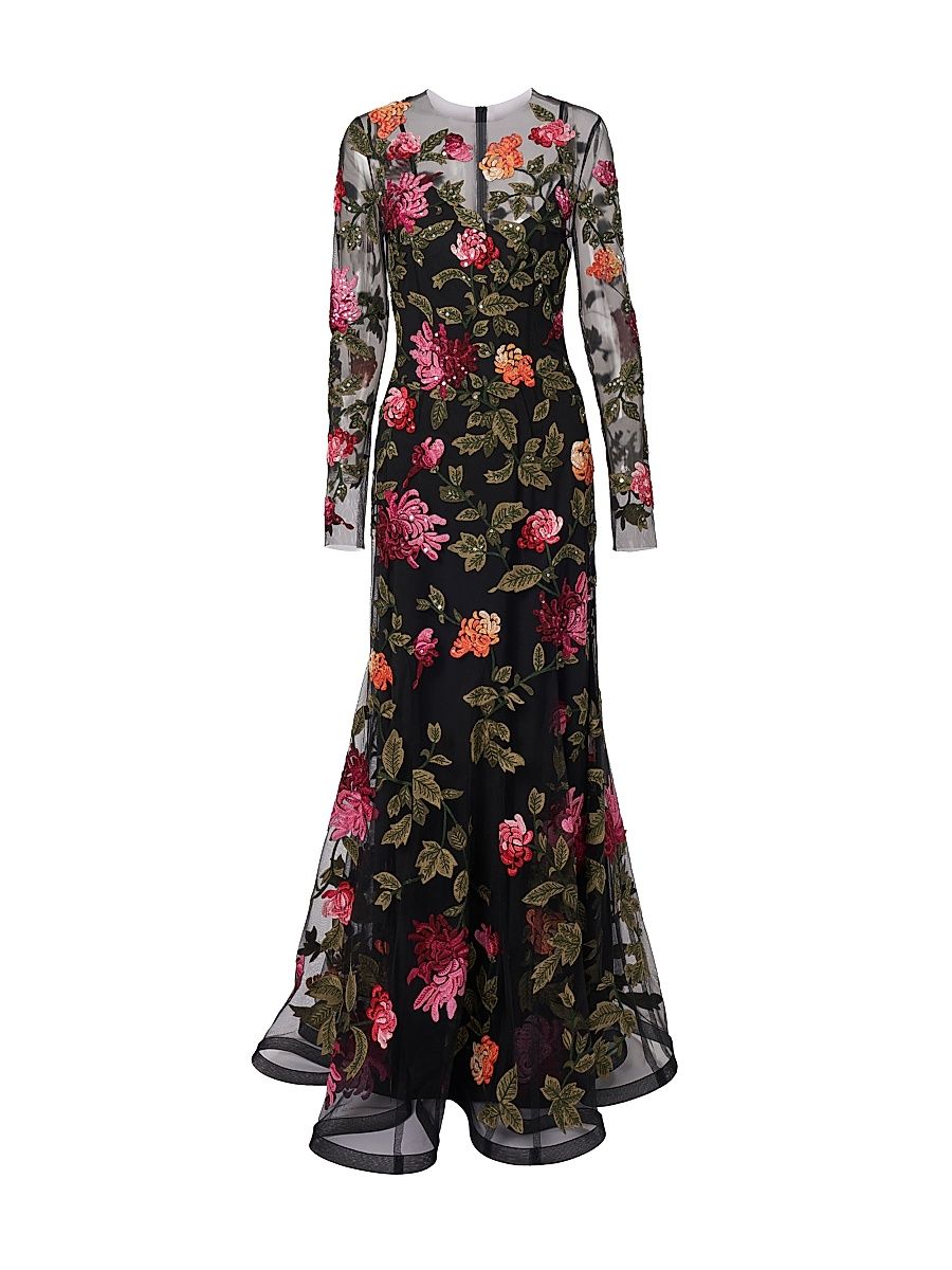 Women's Embroidered Sequin-Embellished Gown - Black Multi - Size 8