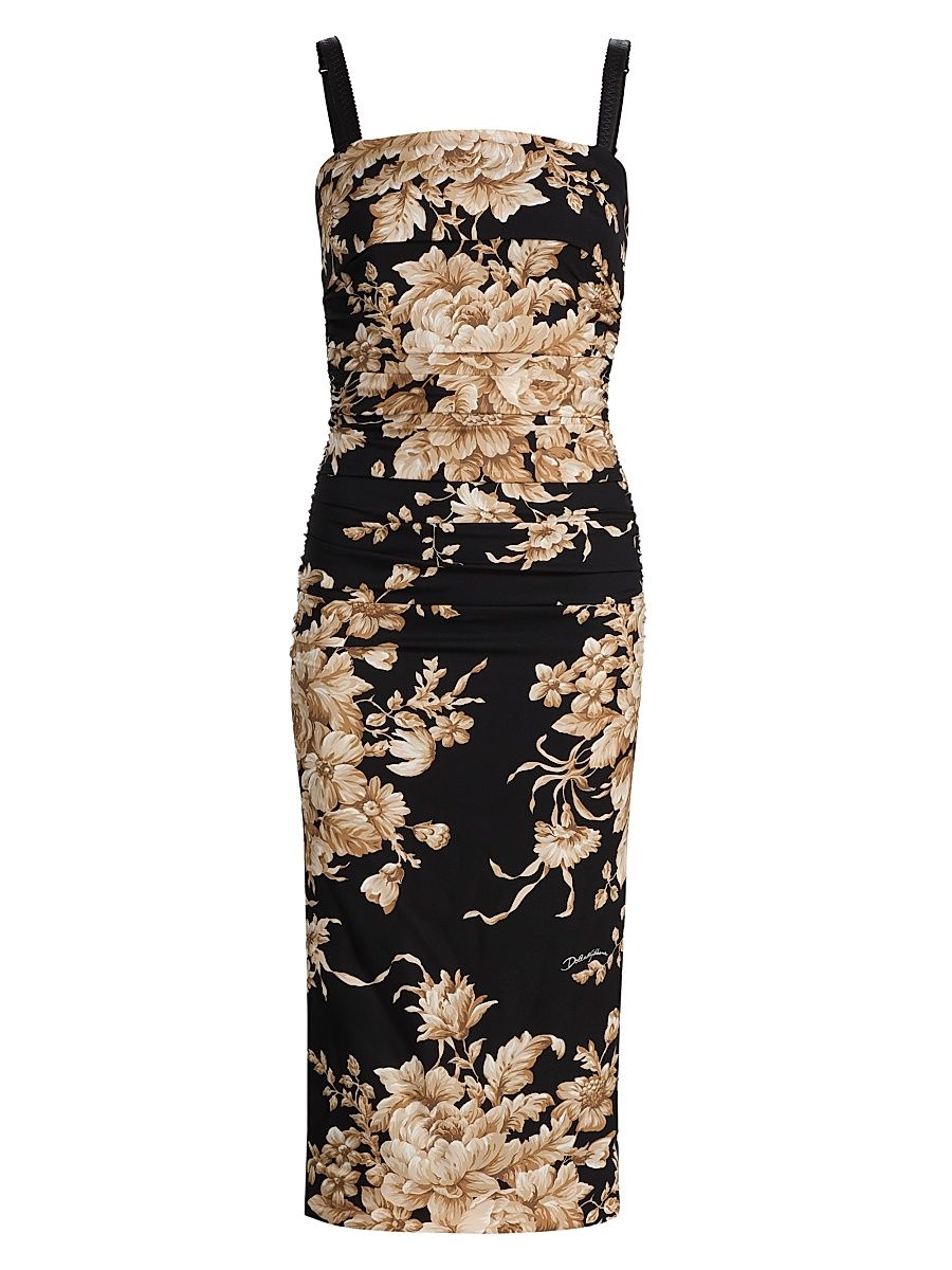 Women's Rose-Print Gathered Stretch-Silk Midi-Dress - Black Print Rose - Size 12
