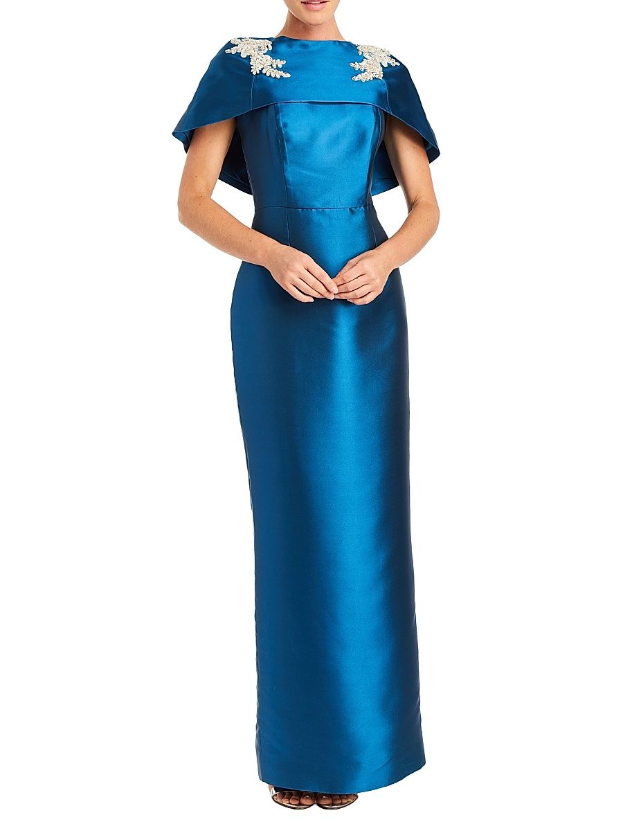 Women's Eve Embellished Satin Caplet Column Gown - Midnight - Size 10